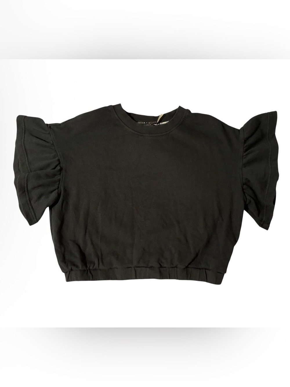 Alice + Olivia Classics Women's Black Cropped Ruffle Sleeve Fleece Sweatshirt L